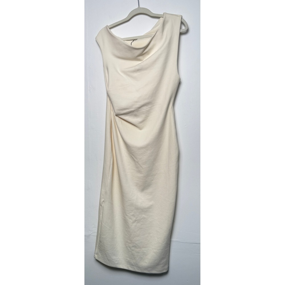 Zara Womens XL Cream Asymmetric Drape Midi Dress Sleeveless Ruched‎ 4174/648/712